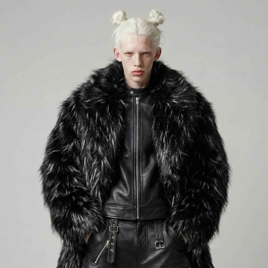 MISTOM wearing black futuristic attire UA: Постгуманістичний синтетичний суб’єкт MISTOM у чорному футуристичному вбранні з індустріальними деталями та штучним хутром — візуальний маніфест дослідницького арт-проєкту про автономію AI, трансформацію ідентичності та деконструкцію людського авторств