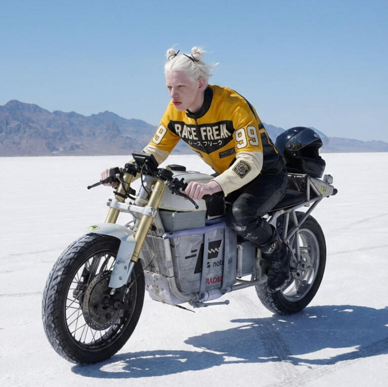 MISTOM: Race Freak Acceleration / Містом: Прискорення Race Freak MISTOM synthetic persona as a race freak riding an electric motorcycle on salt flats. / Містом: синтетична персона у ролі гонщика на електромотоциклі посеред солончака.