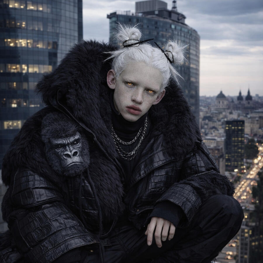 MISTOM synthetic persona as a digital urban nomad on a skyscraper roof overlooking the city. / Містом: синтетична персона в образі цифрового урбан-номада на даху хмарочоса з видом на місто.