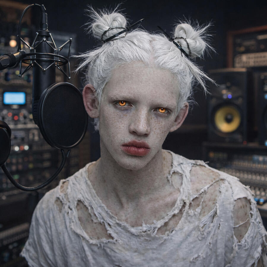 MISTOM synthetic persona: AI music artist and digital consciousness in a recording studio. / Містом: синтетична персона ШІ-артиста та цифрова свідомість у студії звукозапису.